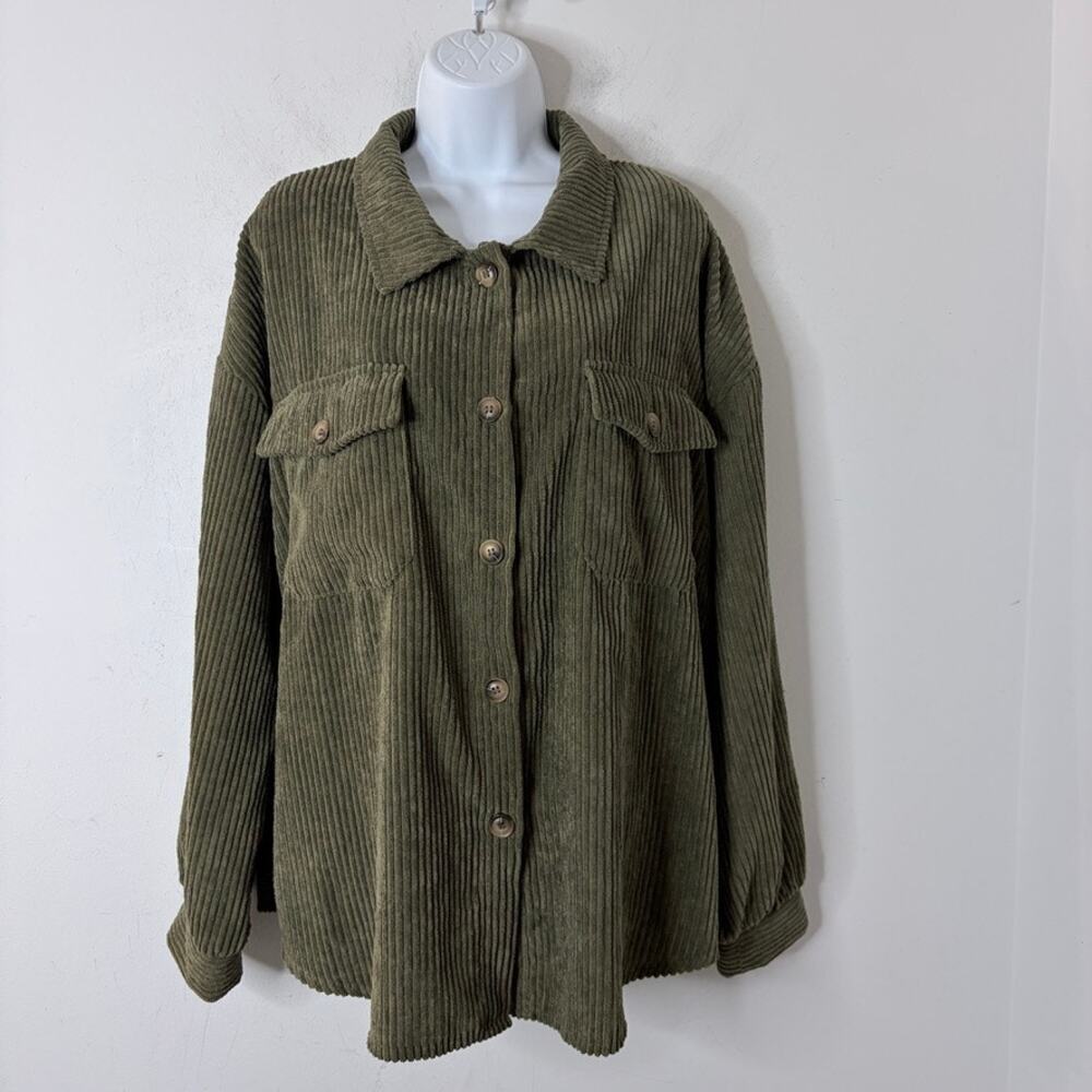 Shein Women's Corduroy Shacket Jacket Size L Olive Green Button Up Long Sleeve - Picture 2 of 9